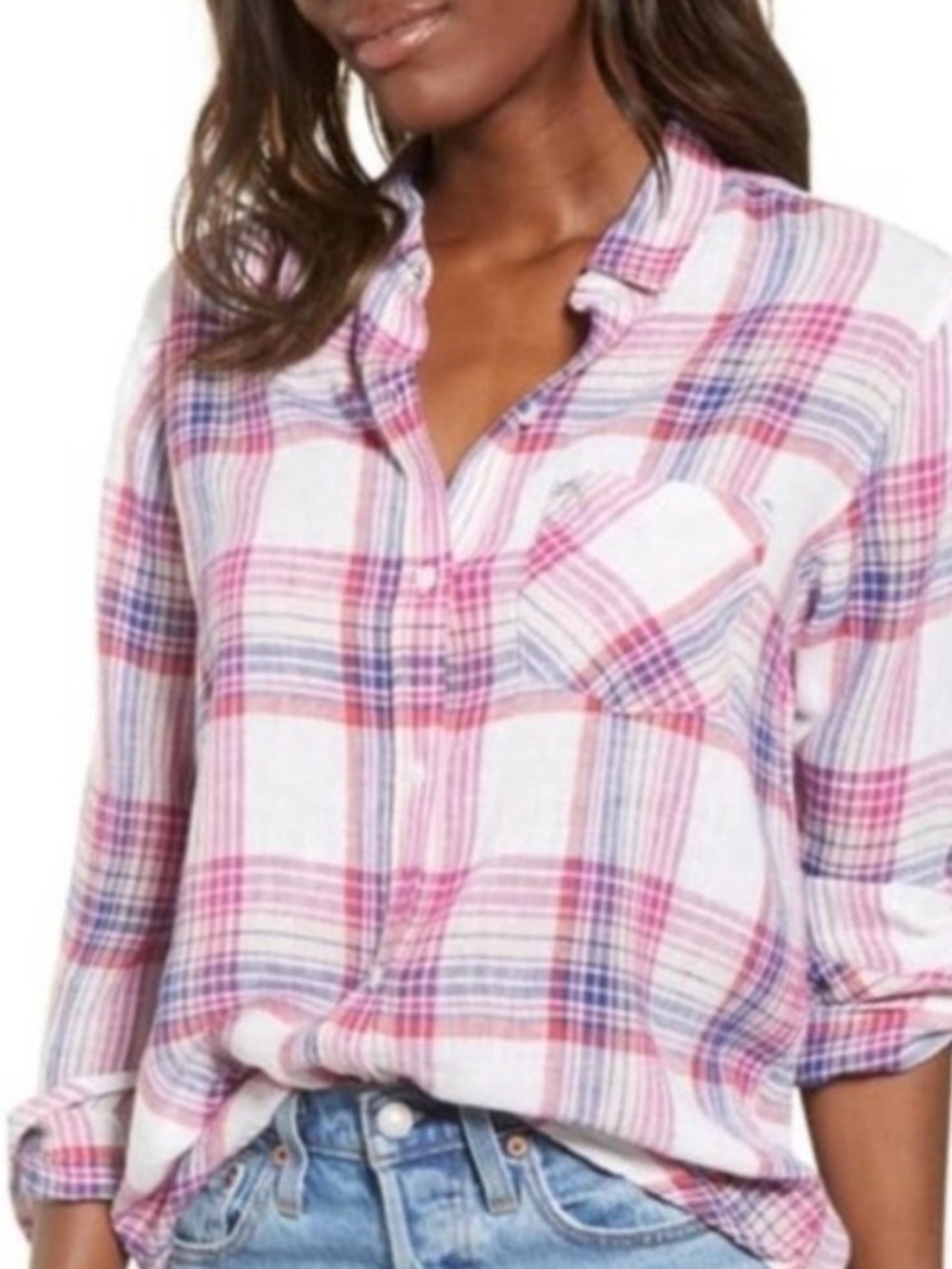 Rails Linen Blend Charli White Peach Fuschia Pink/Purple Plaid Button Top